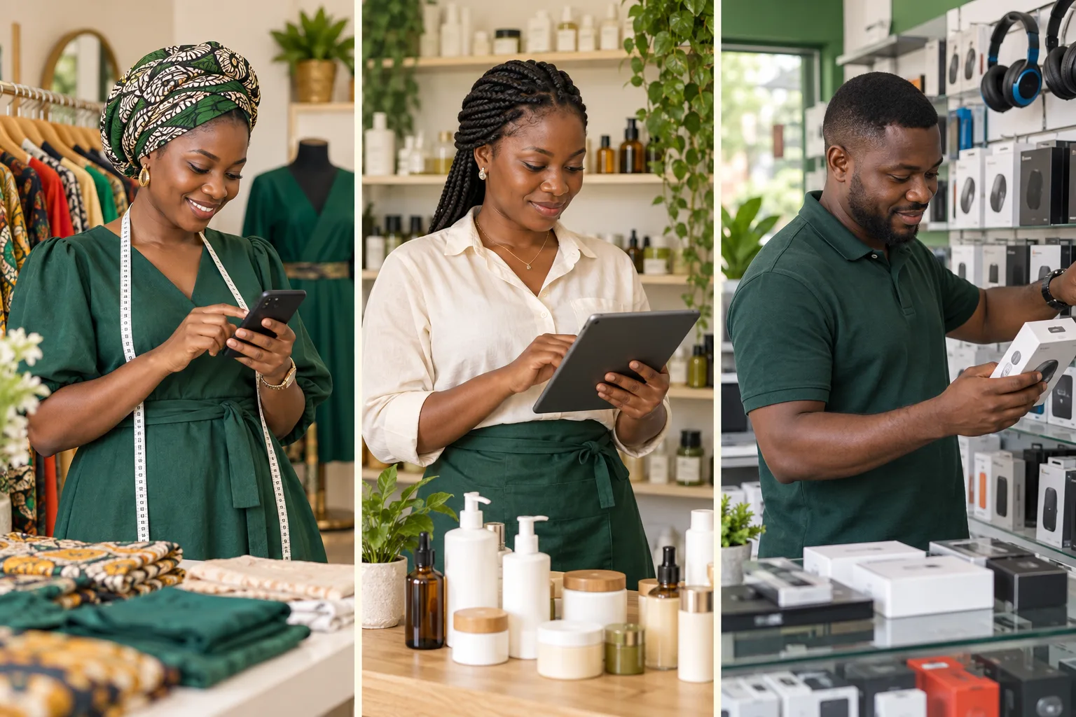 Clothing, beauty and electronics business owners managing sales and stock with their phones and a tablet