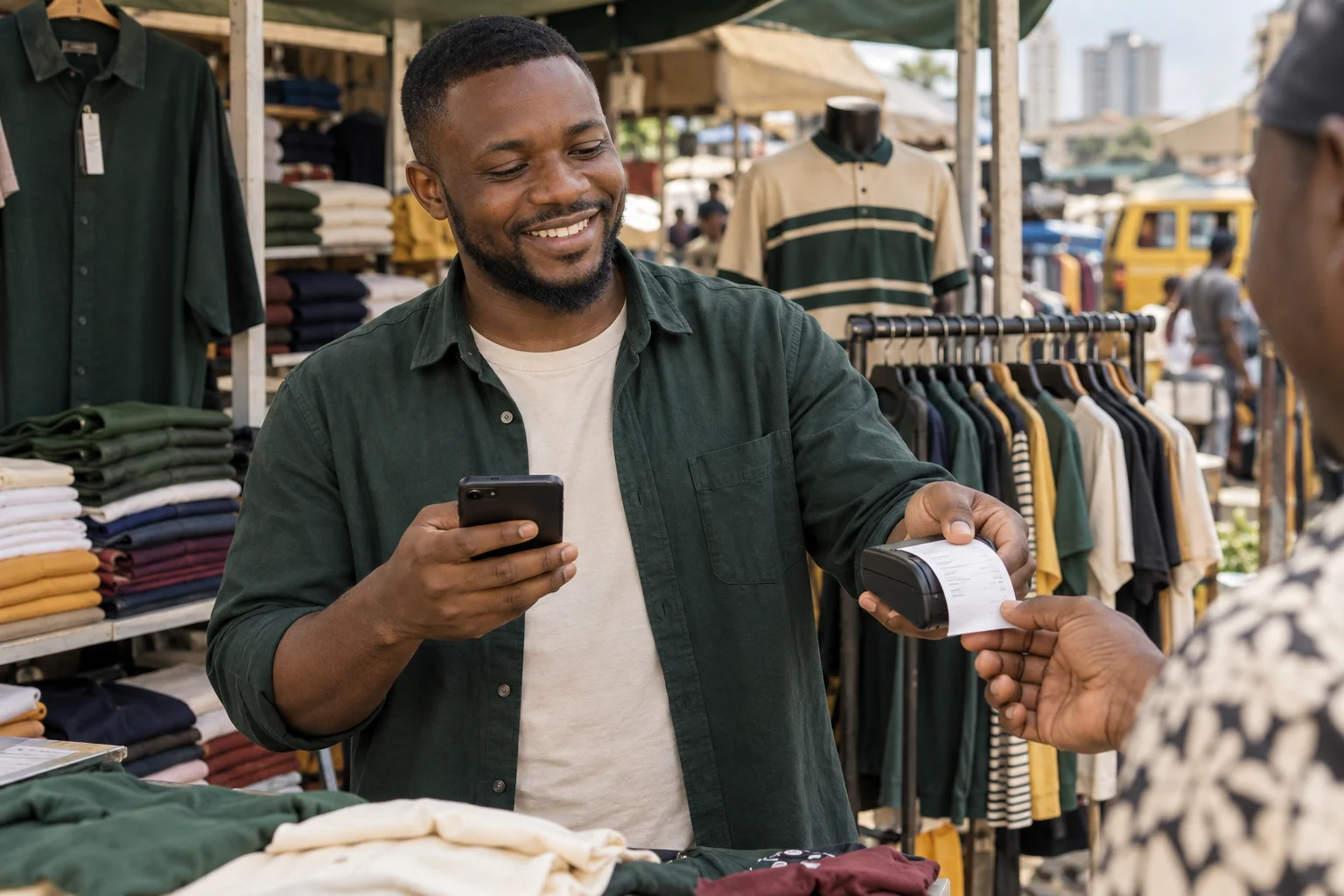 A mobile clothing seller using a smartphone and handheld receipt printer at an outdoor stall