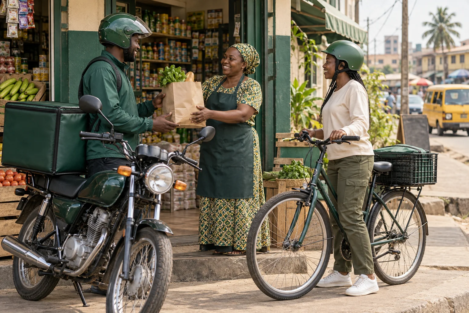 Delivery partners with a parked motorbike and bicycle collecting groceries from a local shop